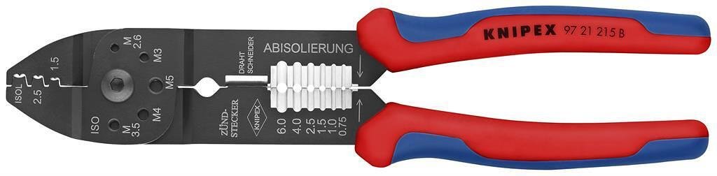 Clește pentru crimpat vârfuri de cablu 0.5-2.5mm² neizolate, mâner albastru-roșu 230mm, Knipex - K9721215B