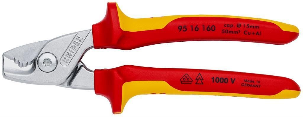 Cable Cutters up to 50mm2 StepCut, chrome-plated, VDE 1000V yellow-red handle 160mm, Knipex - K9516160