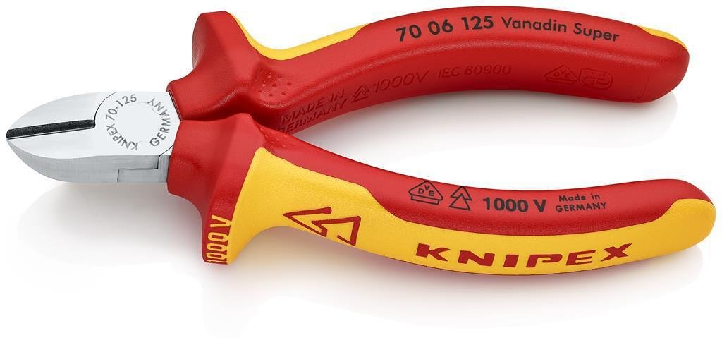 Pensă tăietoare diagonală, cromată, VDE 1000V mâner galben-roșu 125 mm, Knipex - K7006125