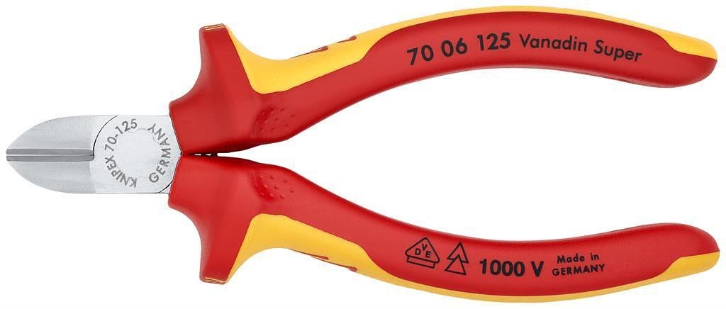 Pensă tăietoare diagonală, cromată, VDE 1000V mâner galben-roșu 125 mm, Knipex - K7006125