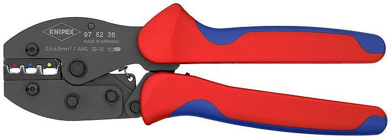 Clește pentru crimpat vârfuri cablu 0.5-6mm² izolate, călite, mâner albastru-roșu 220mm, cu arc, Knipex - K975236