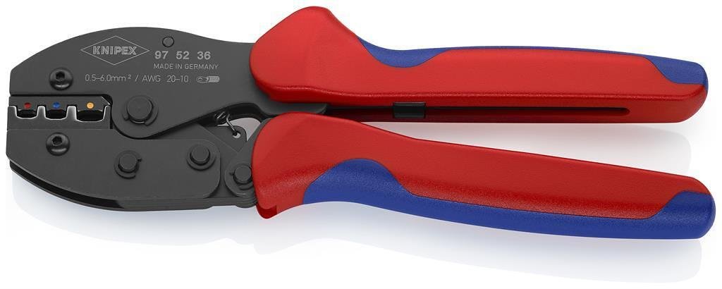 Clește pentru crimpat vârfuri cablu 0.5-6mm² izolate, călite, mâner albastru-roșu 220mm, cu arc, Knipex - K975236
