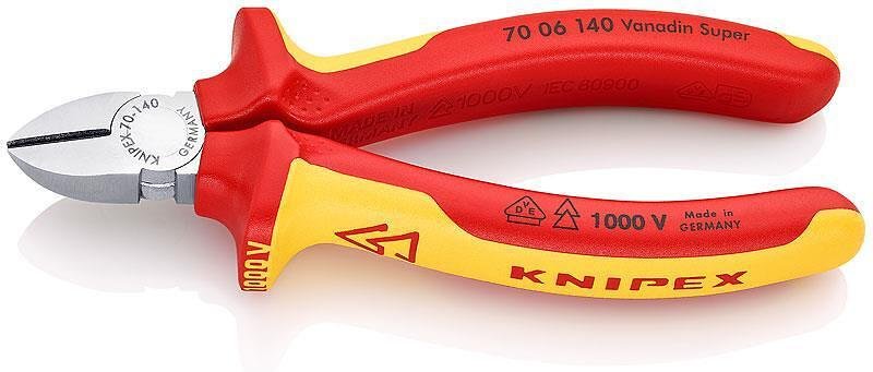 Clești diagonale pentru tăiere, cromate, VDE 1000V mâner galben-roșu 140mm, Knipex - K7006140