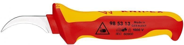 Coltello per cavi curvo, VDE 1000V impugnatura giallo-rossa 190mm, Knipex - K985313