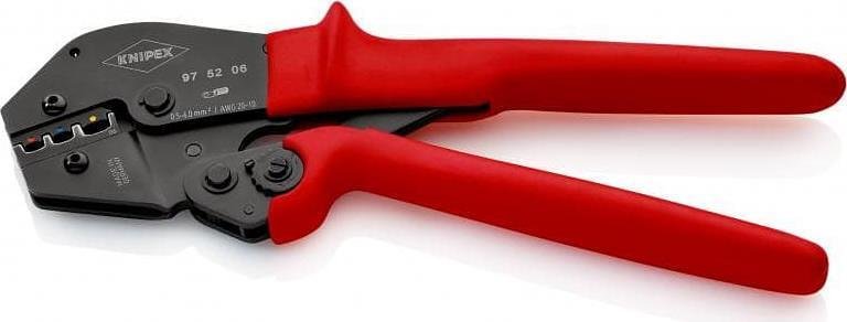 Clește pentru crimpat terminale de cablu 0.5-6mm² izolate, călite, mâner albastru-roșu 250mm, cu arc, Knipex - K975206