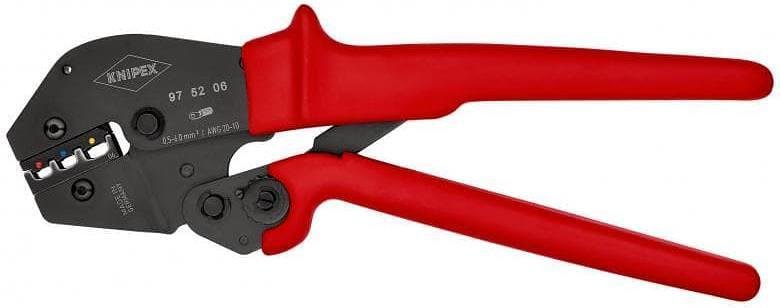 Clește pentru crimpat terminale de cablu 0.5-6mm² izolate, călite, mâner albastru-roșu 250mm, cu arc, Knipex - K975206
