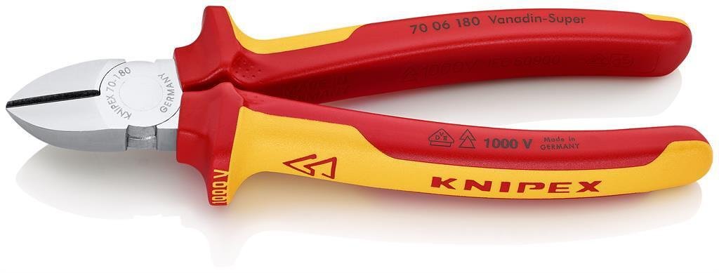 Clești diagonale pentru tăiere, cromate, VDE 1000V mâner galben-roșu 180mm, Knipex - K7006180