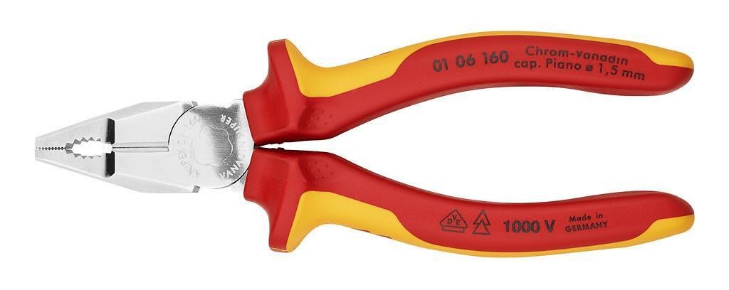 Clește combinate, oțel crom-vanadiu, VDE 1000V mâner galben-roșu 160mm, Knipex - K0106160