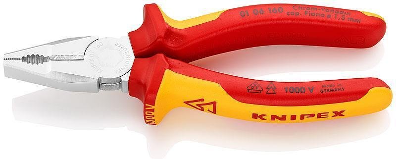 Clește combinate, oțel crom-vanadiu, VDE 1000V mâner galben-roșu 160mm, Knipex - K0106160