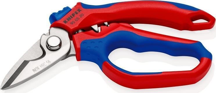 Schere für Kabelschneiden und Crimpen, verchromt, blau-rote Griffe 160 mm, mit öffnender Feder, Knipex - K950520SB