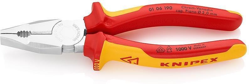 Clește combinate, oțel crom-vanadiu, VDE 1000V mâner galben-roșu 190mm, Knipex - K0106190