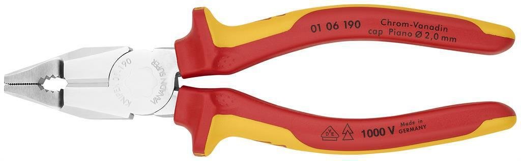 Clește combinate, oțel crom-vanadiu, VDE 1000V mâner galben-roșu 190mm, Knipex - K0106190