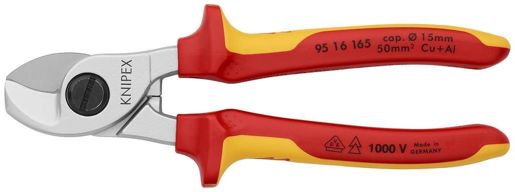 Cable shears for cutting cable up to 50mm², chrome plated, VDE 1000V yellow-red handle 165mm, Knipex - K9516165