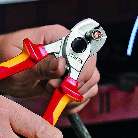 Cable shears for cutting cable up to 50mm², chrome plated, VDE 1000V yellow-red handle 165mm, Knipex - K9516165