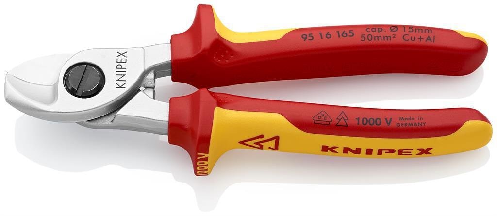 Cable shears for cutting cable up to 50mm², chrome plated, VDE 1000V yellow-red handle 165mm, Knipex - K9516165