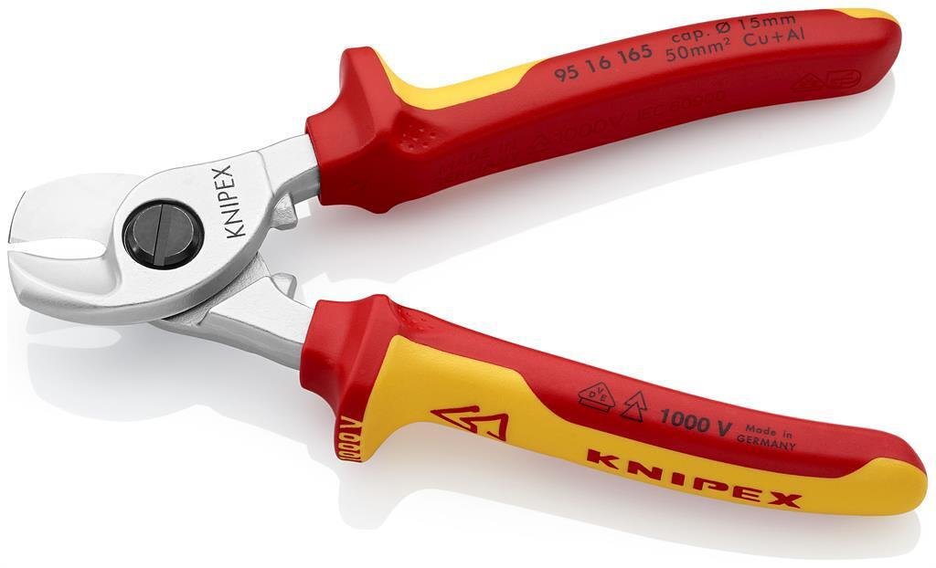 Cable shears for cutting cable up to 50mm², chrome plated, VDE 1000V yellow-red handle 165mm, Knipex - K9516165