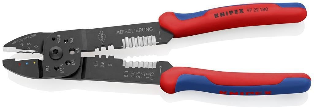 Clește pentru crimpat vârfuri de cablu 0.5-6mm², mâner albastru-roșu 240mm, Knipex - K9722240