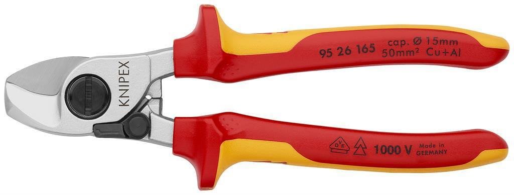 Cable shears for cutting cable up to 50mm², chrome plated, VDE 1000V yellow-red handle 165mm, with lock, Knipex - K9526165