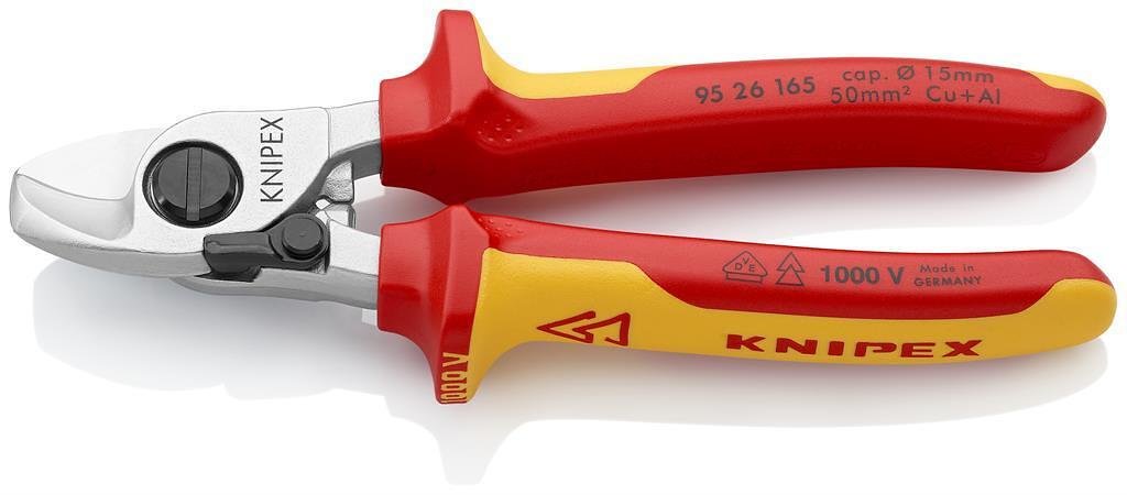 Cable shears for cutting cable up to 50mm², chrome plated, VDE 1000V yellow-red handle 165mm, with lock, Knipex - K9526165