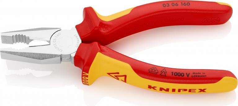 Clește combinate, cromate, VDE 1000V mâner galben-roșu 160mm, Knipex - K0306160