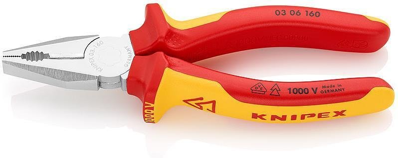 Clește combinate, cromate, VDE 1000V mâner galben-roșu 160mm, Knipex - K0306160