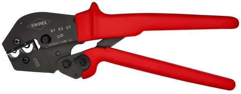Clește pentru crimpat terminale de cablu 16-25mm² neizolate, călite, mâner albastru-roșu 250mm, cu arc, Knipex - K975223