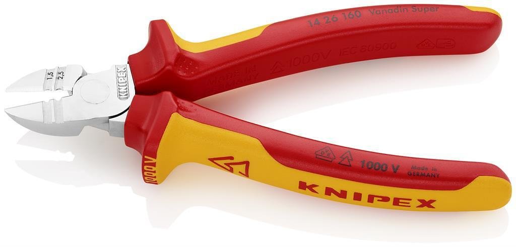 Clește pentru decapare și clește diagonale de tăiat, cromate, VDE 1000V mâner galben-roșu 160mm, Knipex - K1426160