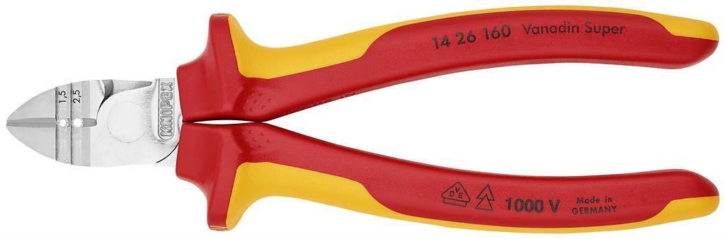 Clește pentru decapare și clește diagonale de tăiat, cromate, VDE 1000V mâner galben-roșu 160mm, Knipex - K1426160