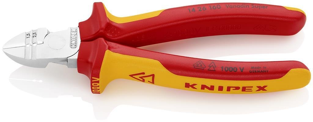 Clește pentru decapare și clește diagonale de tăiat, cromate, VDE 1000V mâner galben-roșu 160mm, Knipex - K1426160