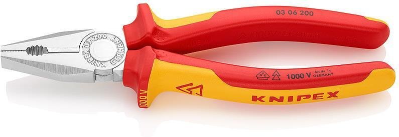 Clește combinate, cromate, VDE 1000V mâner galben-roșu 200mm, Knipex - K0306200