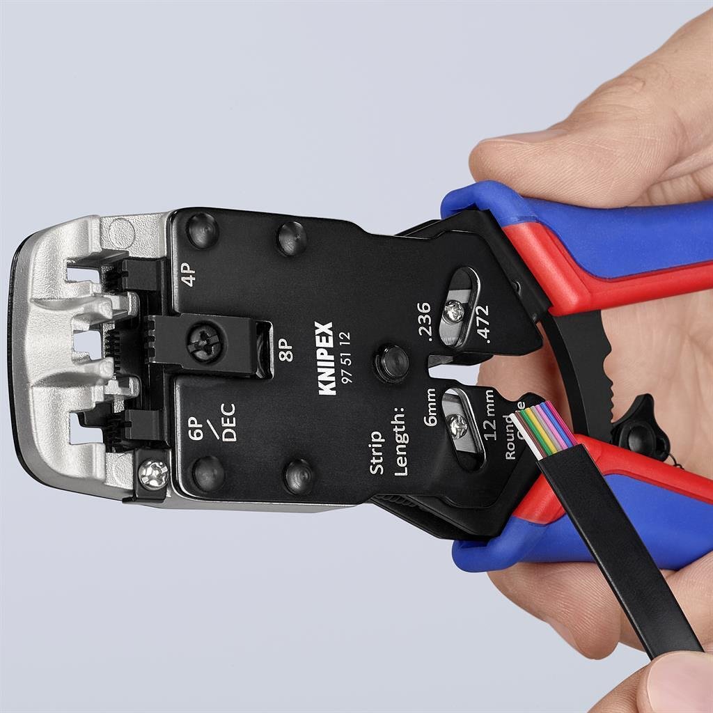 Εργαλείο για κrimp RJ45, RJ11 και RJ10, απογύμνωση και κοπή, μπλε-κόκκινη λαβή 200mm, με ελατήριο, Knipex - K975112
