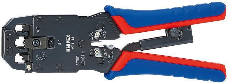 Strumento per crimpatura RJ45, RJ11 e RJ10, spellatura e taglio, manico blu-rosso 200mm, con molla, Knipex - K975112