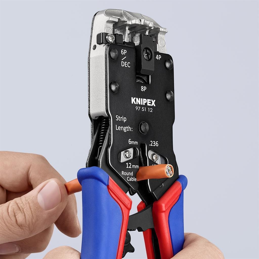 Εργαλείο για κrimp RJ45, RJ11 και RJ10, απογύμνωση και κοπή, μπλε-κόκκινη λαβή 200mm, με ελατήριο, Knipex - K975112