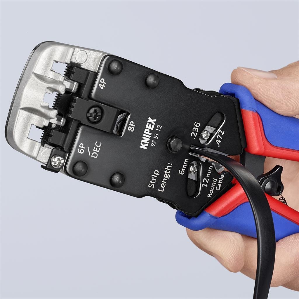 Εργαλείο για κrimp RJ45, RJ11 και RJ10, απογύμνωση και κοπή, μπλε-κόκκινη λαβή 200mm, με ελατήριο, Knipex - K975112