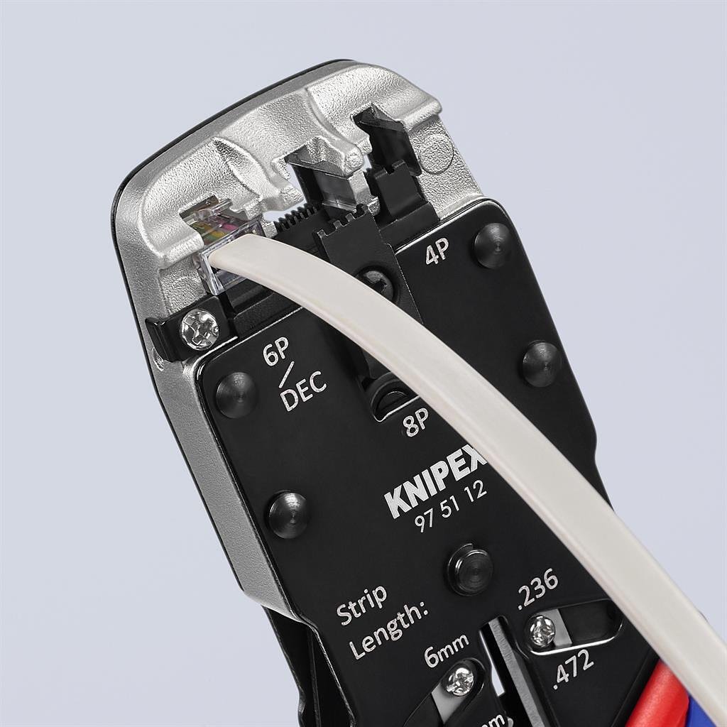 Εργαλείο για κrimp RJ45, RJ11 και RJ10, απογύμνωση και κοπή, μπλε-κόκκινη λαβή 200mm, με ελατήριο, Knipex - K975112