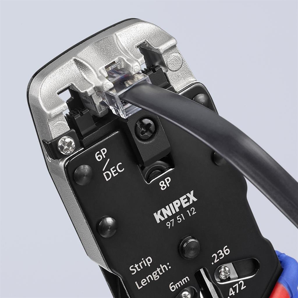 Εργαλείο για κrimp RJ45, RJ11 και RJ10, απογύμνωση και κοπή, μπλε-κόκκινη λαβή 200mm, με ελατήριο, Knipex - K975112