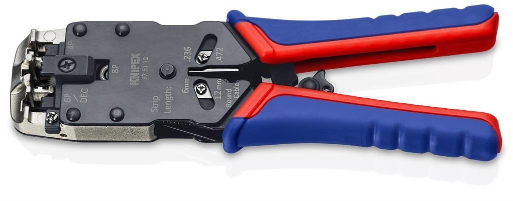 Strumento per crimpatura RJ45, RJ11 e RJ10, spellatura e taglio, manico blu-rosso 200mm, con molla, Knipex - K975112