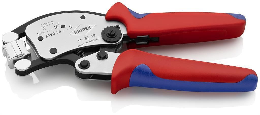 Clește cu cap de presare pentru crimpat capete de cablu 0.14-16mm² pătrat, cromate, mâner 240mm, cu arc, Knipex - K975318