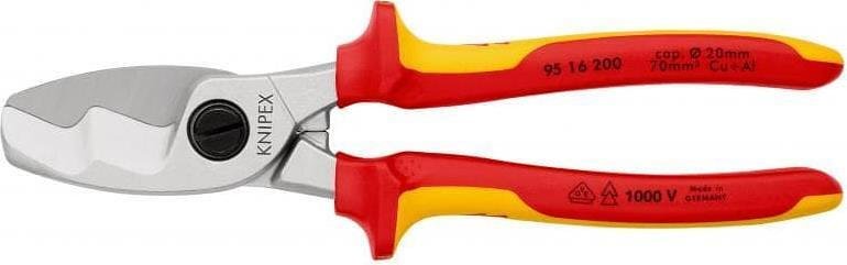 Ciseaux pour couper câble jusqu'à 70 mm², chromés, VDE 1000V poignée jaune-rouge 200 mm, Knipex - K9516200