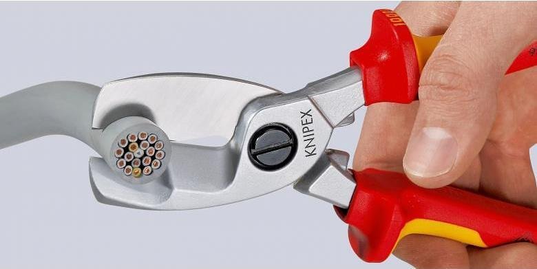 Ciseaux pour couper câble jusqu'à 70 mm², chromés, VDE 1000V poignée jaune-rouge 200 mm, Knipex - K9516200