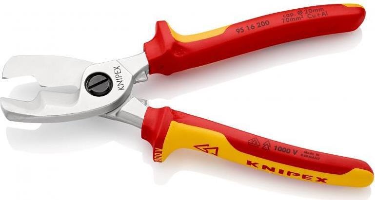 Cable shears for cutting cable up to 70mm², chrome plated, VDE 1000V yellow-red handle 200mm, Knipex - K9516200