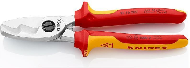 Cable shears for cutting cable up to 70mm², chrome plated, VDE 1000V yellow-red handle 200mm, Knipex - K9516200