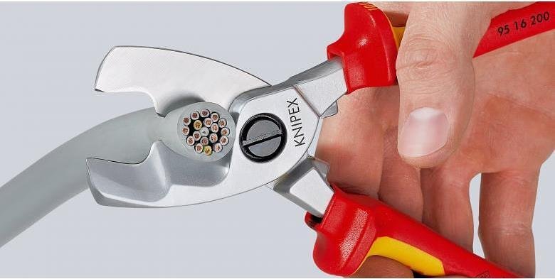 Ciseaux pour couper câble jusqu'à 70 mm², chromés, VDE 1000V poignée jaune-rouge 200 mm, Knipex - K9516200