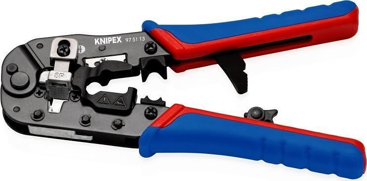 Strumento per crimpatura RJ45, spellatura e taglio, impugnatura blu-rossa 190mm, con molla, Knipex - K975113