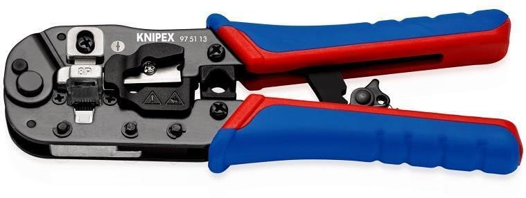 Strumento per crimpatura RJ45, spellatura e taglio, impugnatura blu-rossa 190mm, con molla, Knipex - K975113