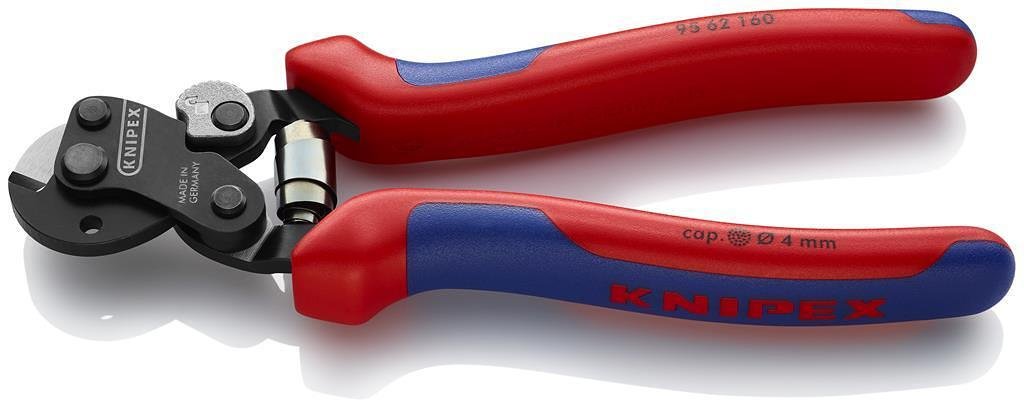 Schneiderschere zum Schneiden von Stahlseil bis Ø4mm, blau-rot Griff 160mm, mit Öffnungs-Feder, Knipex - K9562160