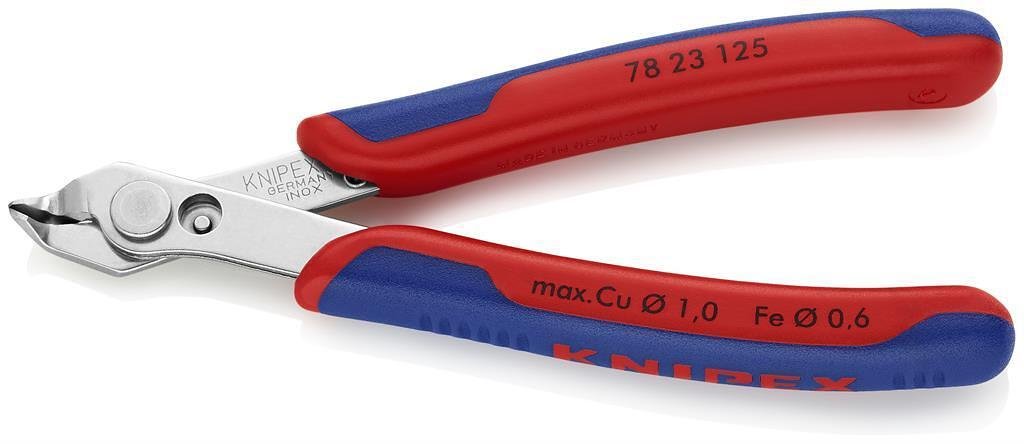 Pince coupante incurvée Super-Knips, acier inoxydable, poignée bleu-rouge 125mm, avec ressort d'ouverture, Knipex - K7823125