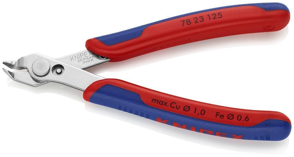 Super-Knips angled cutters, stainless steel, blue-red handle 125mm, with opening spring, Knipex - K7823125
