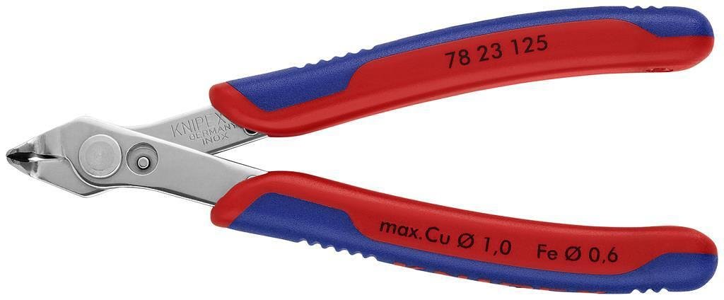 Pince coupante incurvée Super-Knips, acier inoxydable, poignée bleu-rouge 125mm, avec ressort d'ouverture, Knipex - K7823125