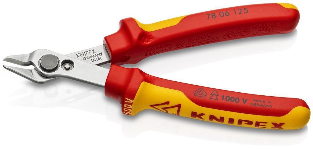 Super-Knips cutting pliers, stainless steel, VDE 1000V yellow-red handle 125mm, with opening spring, Knipex - K7806125